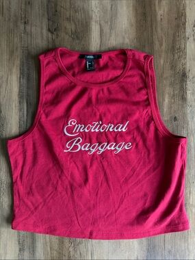 F21 Red Tank Top size Large Embroidered Quote